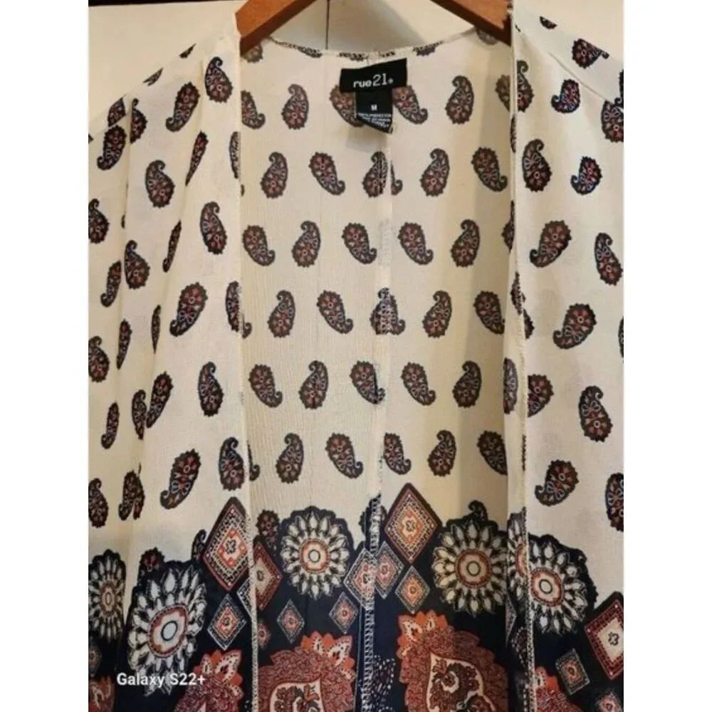 C25 Rue21 Navy, Coral & Cream Paisley & Butterfly Open Front Kimono- Fringed - Picture 5 of 10